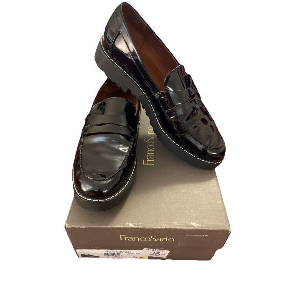 FRANCO SARTO Cassandra Women 7.5M Black Patent Faux Leather‎ Y2K Loafer Gorecore